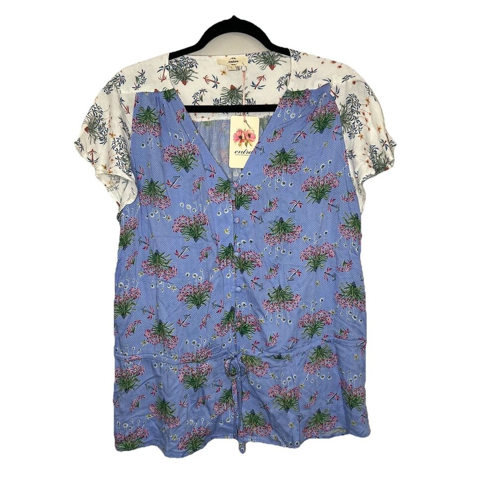 Entro Top Blouse Women Large Blue White V-Neck Short Sleeve Floral Boho NWT
